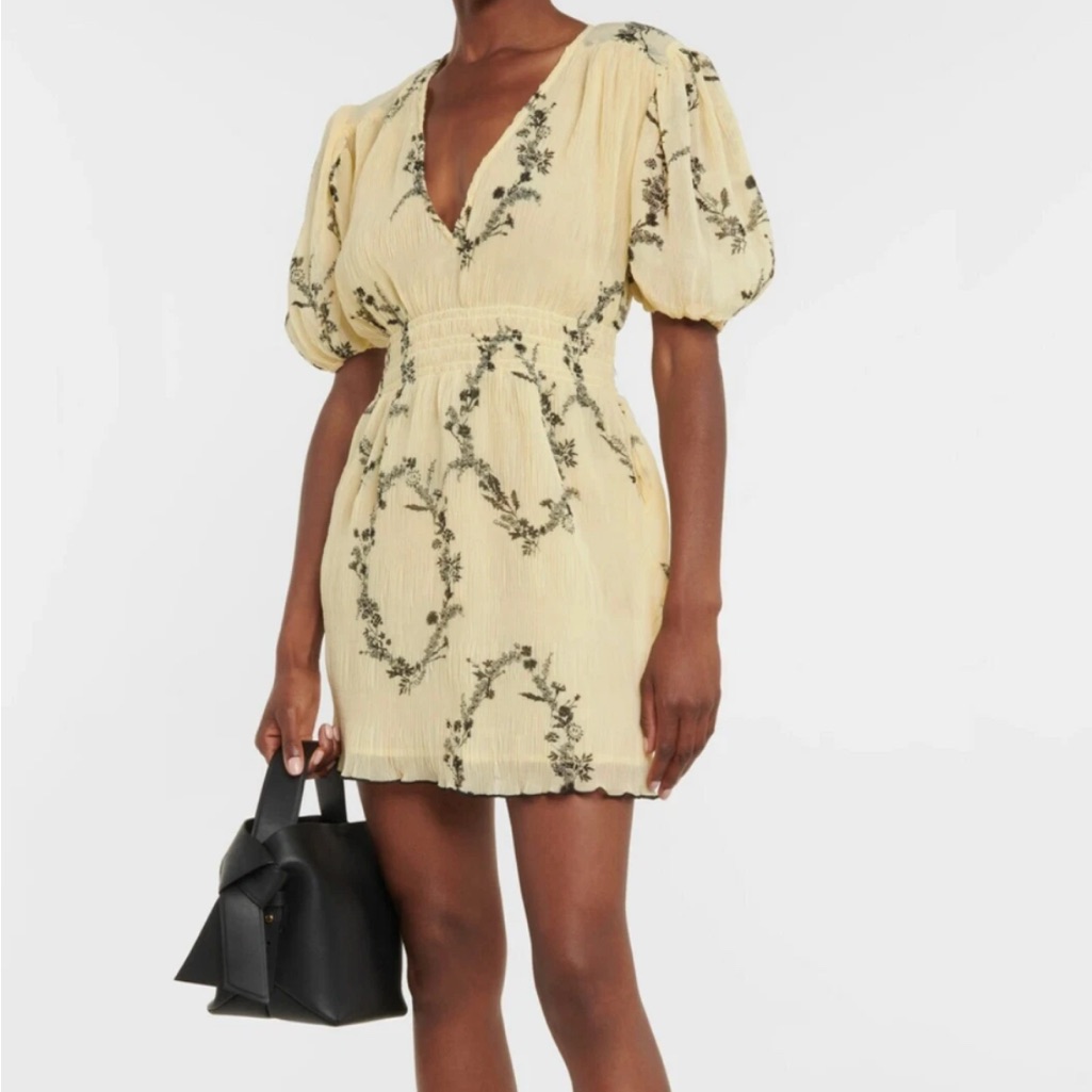 Ganni Pleated Georgette V-Neck Smock Mini Dress